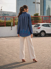 Navy Blue Mandala Floral Print Crepe Shirt