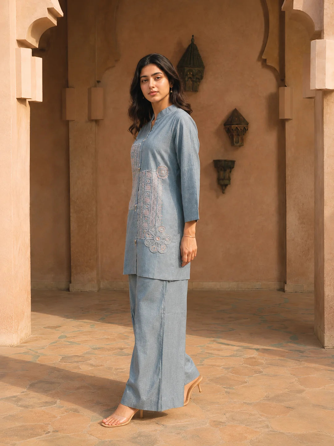 Steel Blue Embroidered Co-ord Set in Cotton
