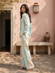 Turquoise Color Embroidered Muslin Co-Ord Set