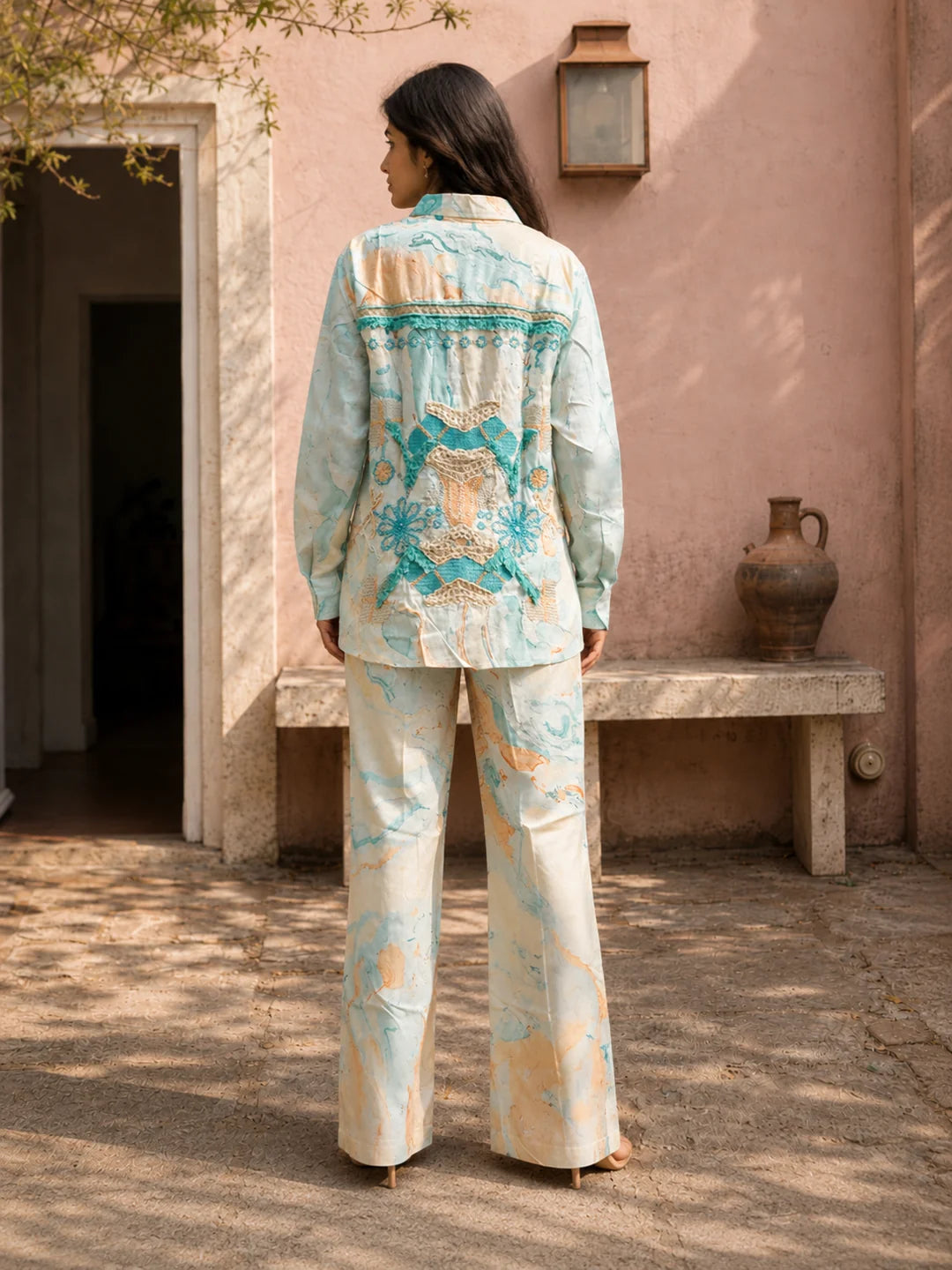 Turquoise Color Embroidered Muslin Co-Ord Set
