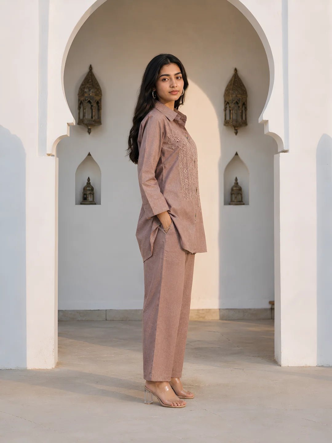 Dusty Mauve Embroidered Co-ord Set in Cotton