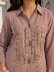 Dusty Mauve Embroidered Co-ord Set in Cotton
