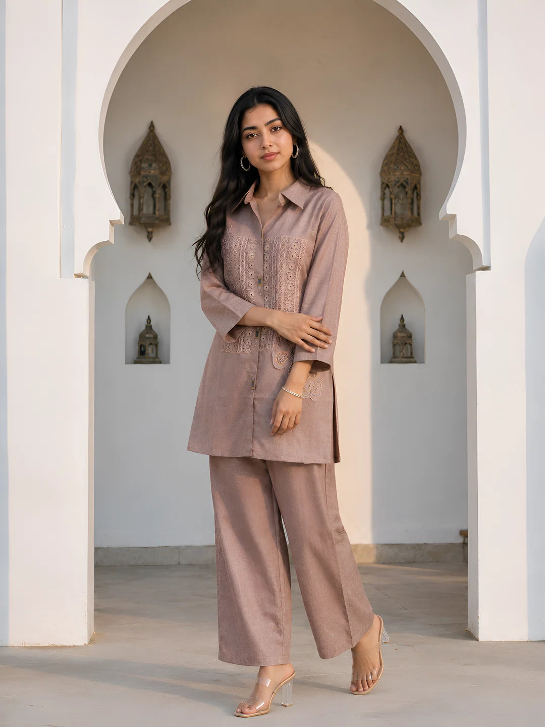 Dusty Mauve Embroidered Co-ord Set in Cotton