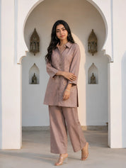 Dusty Mauve Embroidered Co-ord Set in Cotton