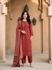 Rust Red Diamond Print Kurta Set with Dupatta in Cotton