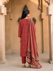 Rust Red Diamond Print Kurta Set with Dupatta in Cotton