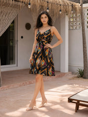 Black Strappy V-Neck Ikkat Printed Mini Dress in Cotton Cambric