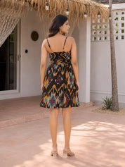 Black Strappy V-Neck Ikkat Printed Mini Dress in Cotton Cambric