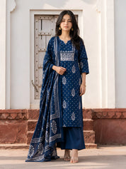Indigo Embroidered Kurta Set with Printed Dupatta in Cotton