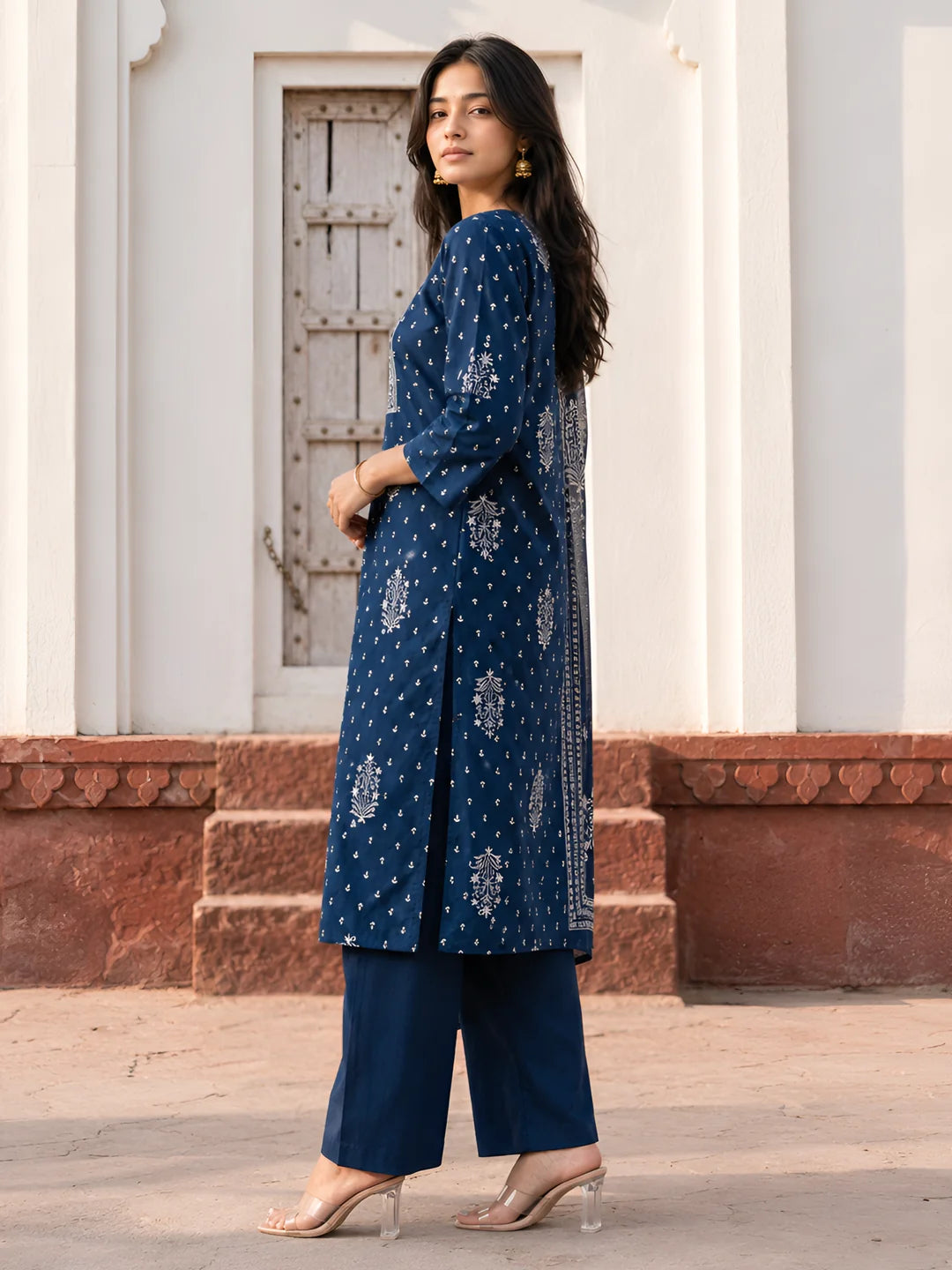 Indigo Embroidered Kurta Set with Printed Dupatta in Cotton