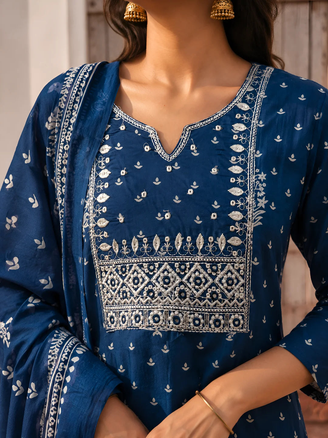 Indigo Embroidered Kurta Set with Printed Dupatta in Cotton