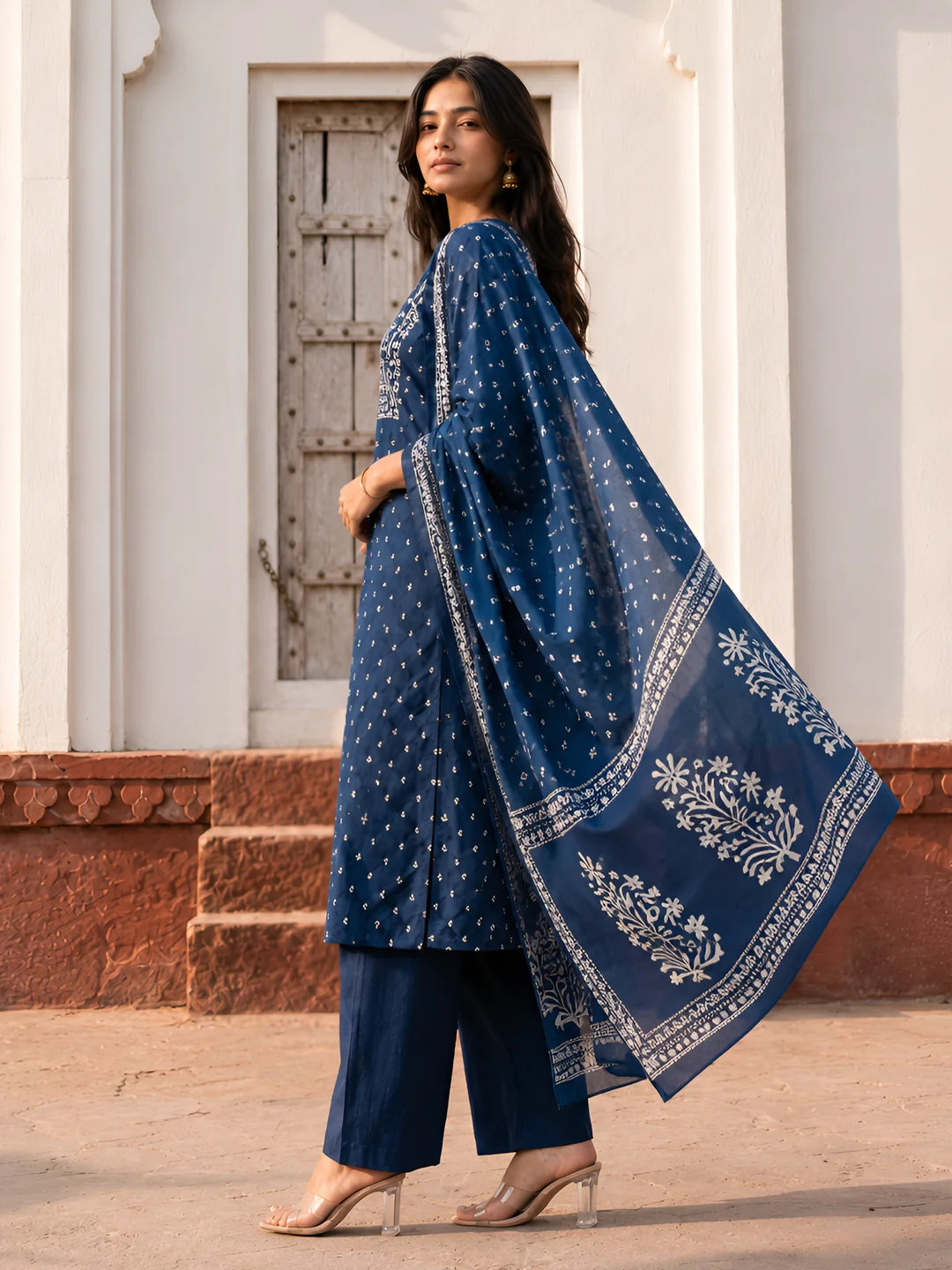 Indigo Embroidered Kurta Set with Printed Dupatta in Cotton