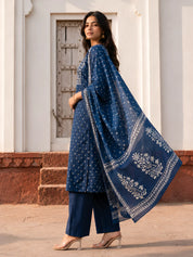 Indigo Embroidered Kurta Set with Printed Dupatta in Cotton