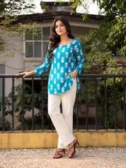 Turquoise Floral Block Print Short Kurti in Cotton