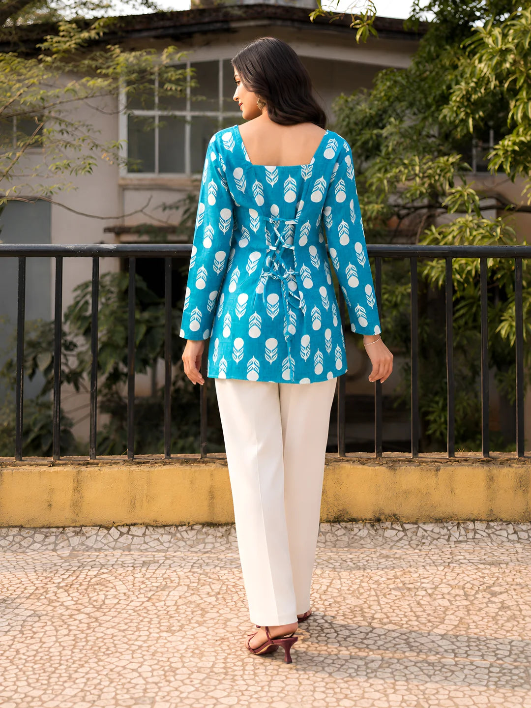 Turquoise Floral Block Print Short Kurti in Cotton