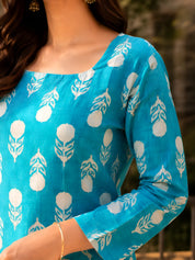 Turquoise Floral Block Print Short Kurti in Cotton