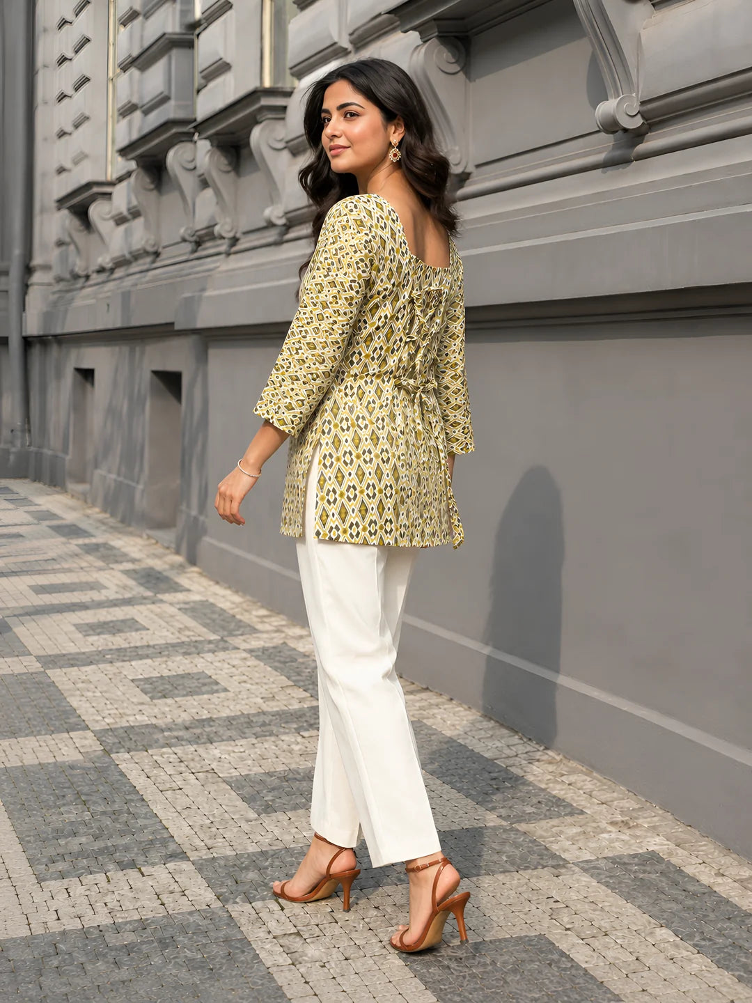 White & Olive Ikat Print Short Kurti in Cotton