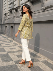 White & Olive Ikat Print Short Kurti in Cotton