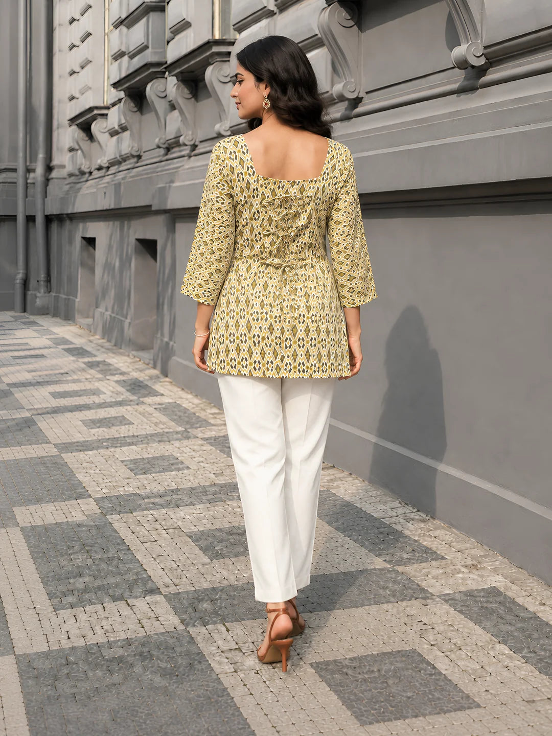 White & Olive Ikat Print Short Kurti in Cotton