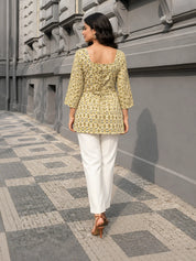 White & Olive Ikat Print Short Kurti in Cotton