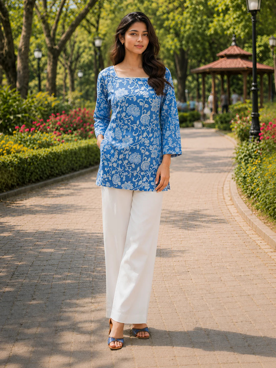 Cornflower Blue Floral Jaal Short Kurti in Cotton