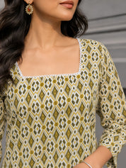 White & Olive Ikat Print Short Kurti in Cotton