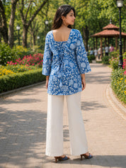 Cornflower Blue Floral Jaal Short Kurti in Cotton