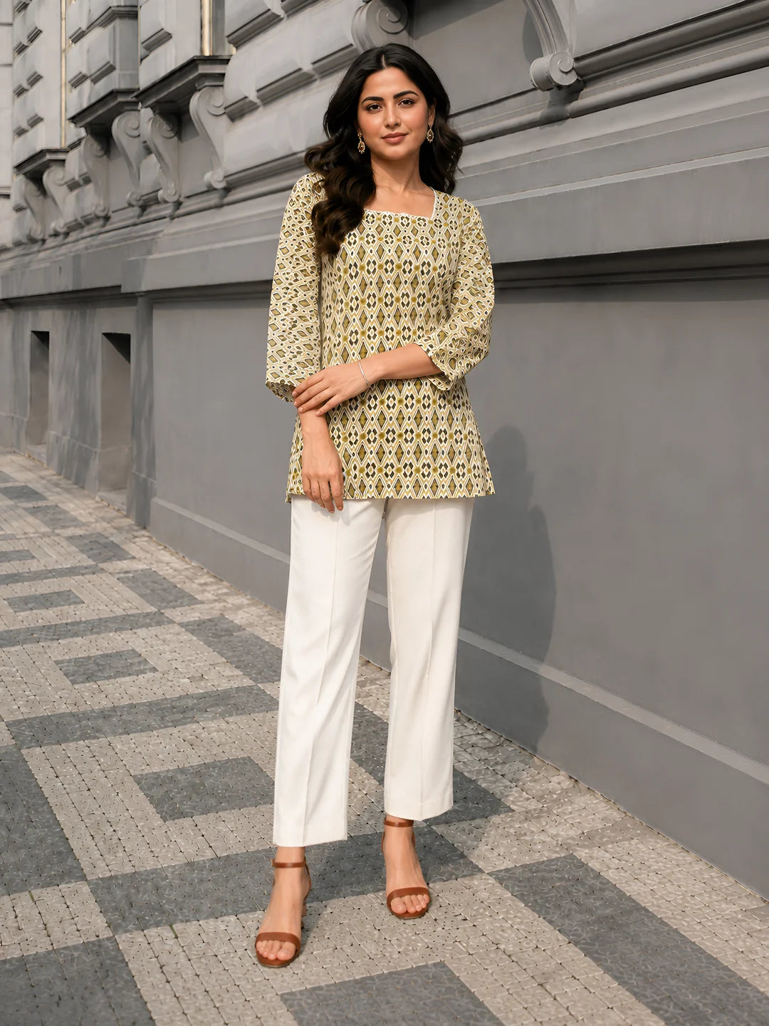 Fashion-forward short kurti for women featuring stylish detailing and trendy casual ethnic fashion design
