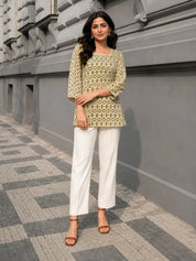 Fashion-forward short kurti for women featuring stylish detailing and trendy casual ethnic fashion design