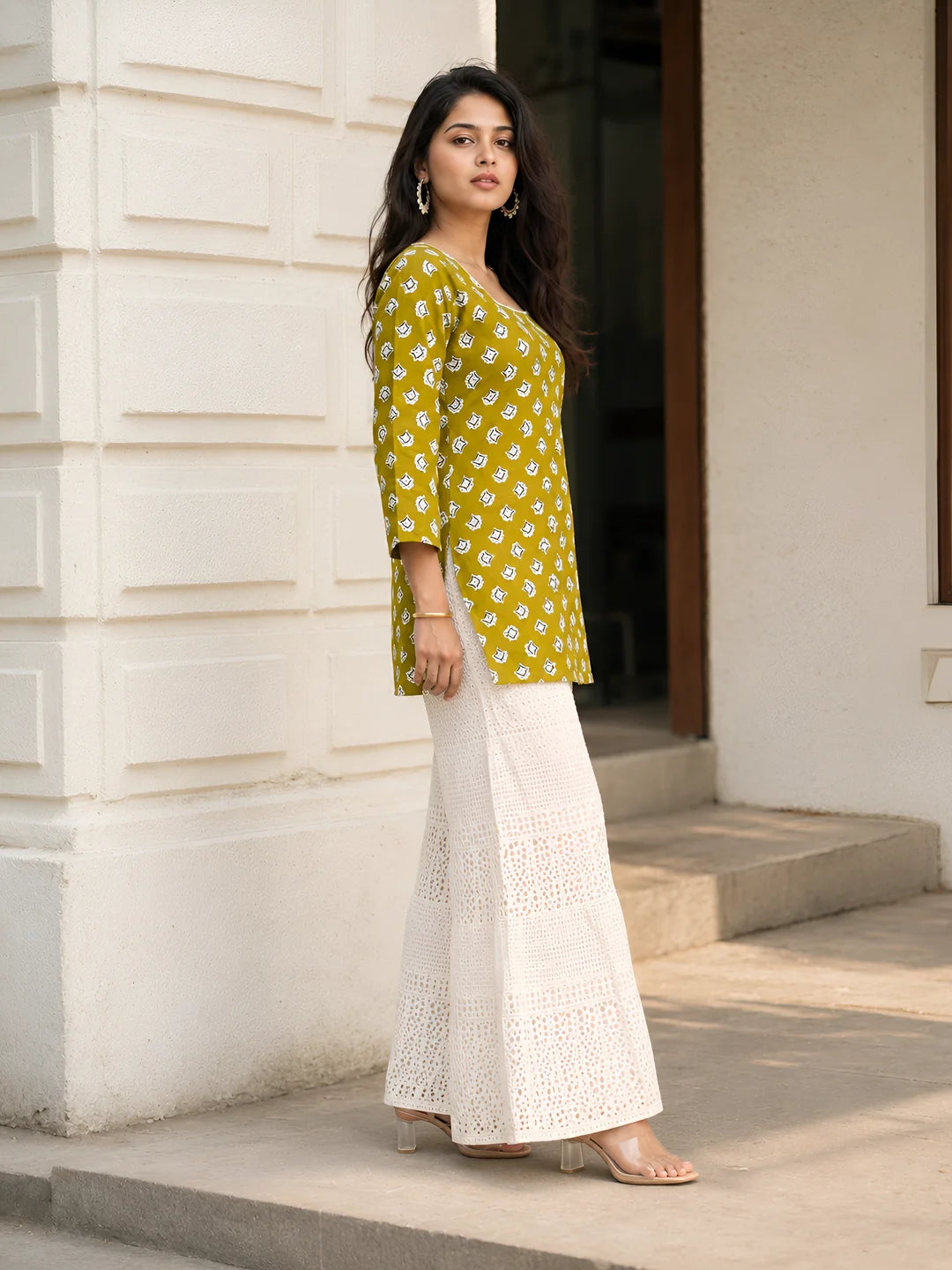 Golden Olive Floral Buta Short Kurti in Cotton