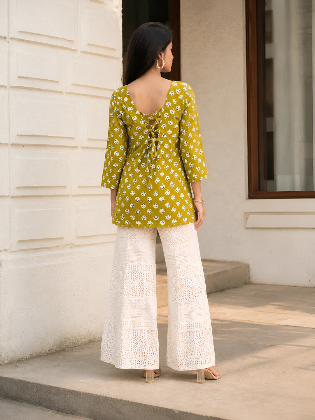 Golden Olive Floral Buta Short Kurti in Cotton