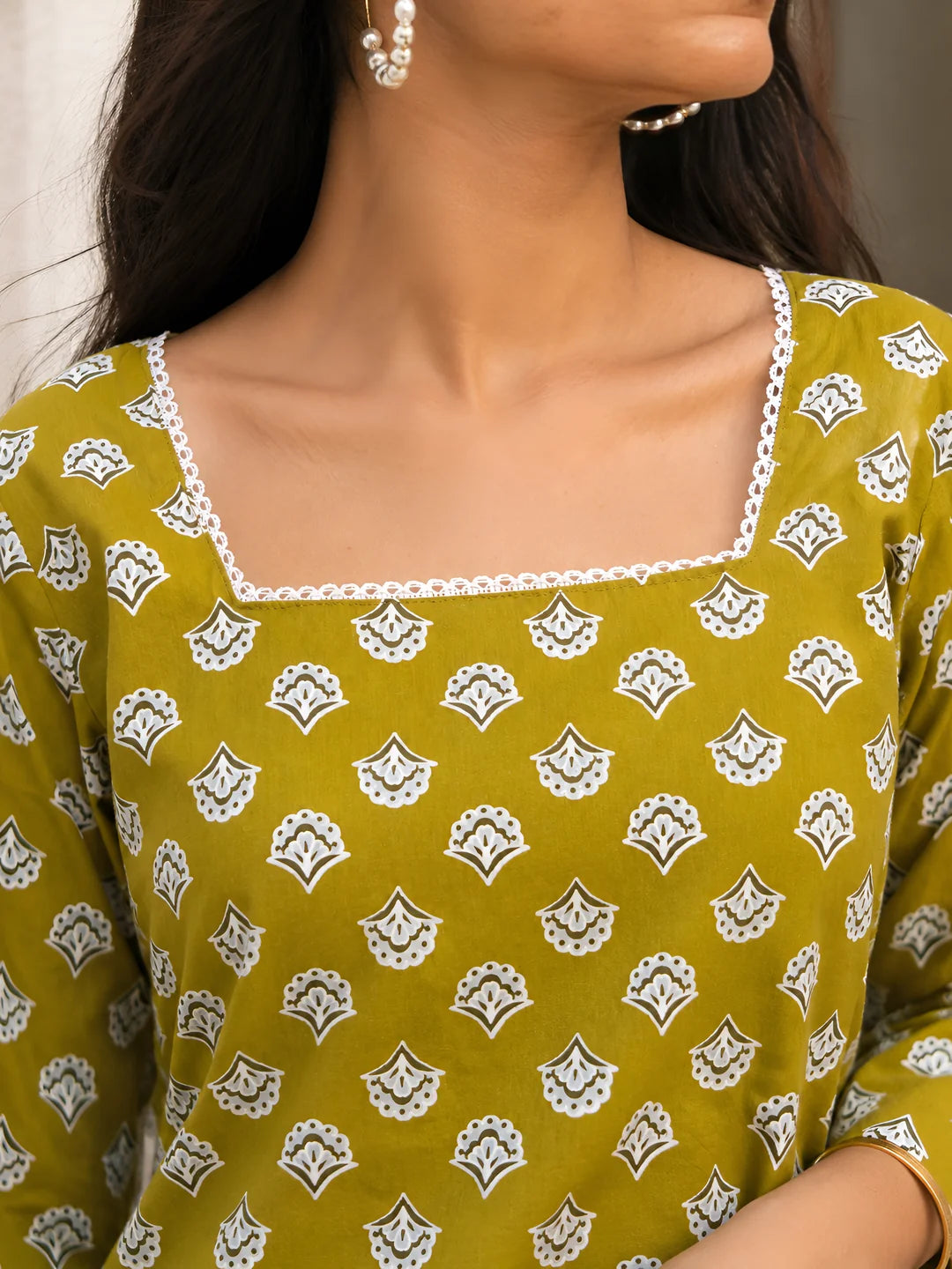 Golden Olive Floral Buta Short Kurti in Cotton