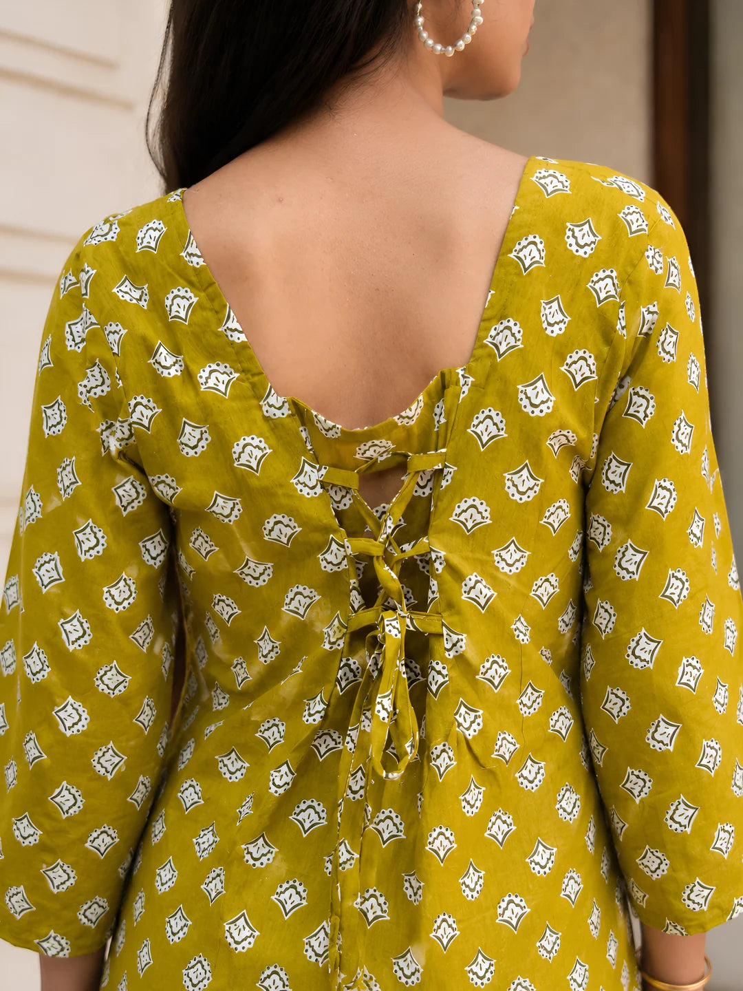 Golden Olive Floral Buta Short Kurti in Cotton