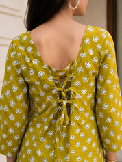 Golden Olive Floral Buta Short Kurti in Cotton