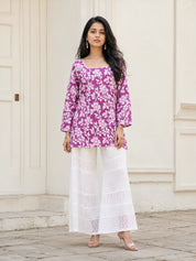 Violet Floral Jaal Short Kurti in Cotton
