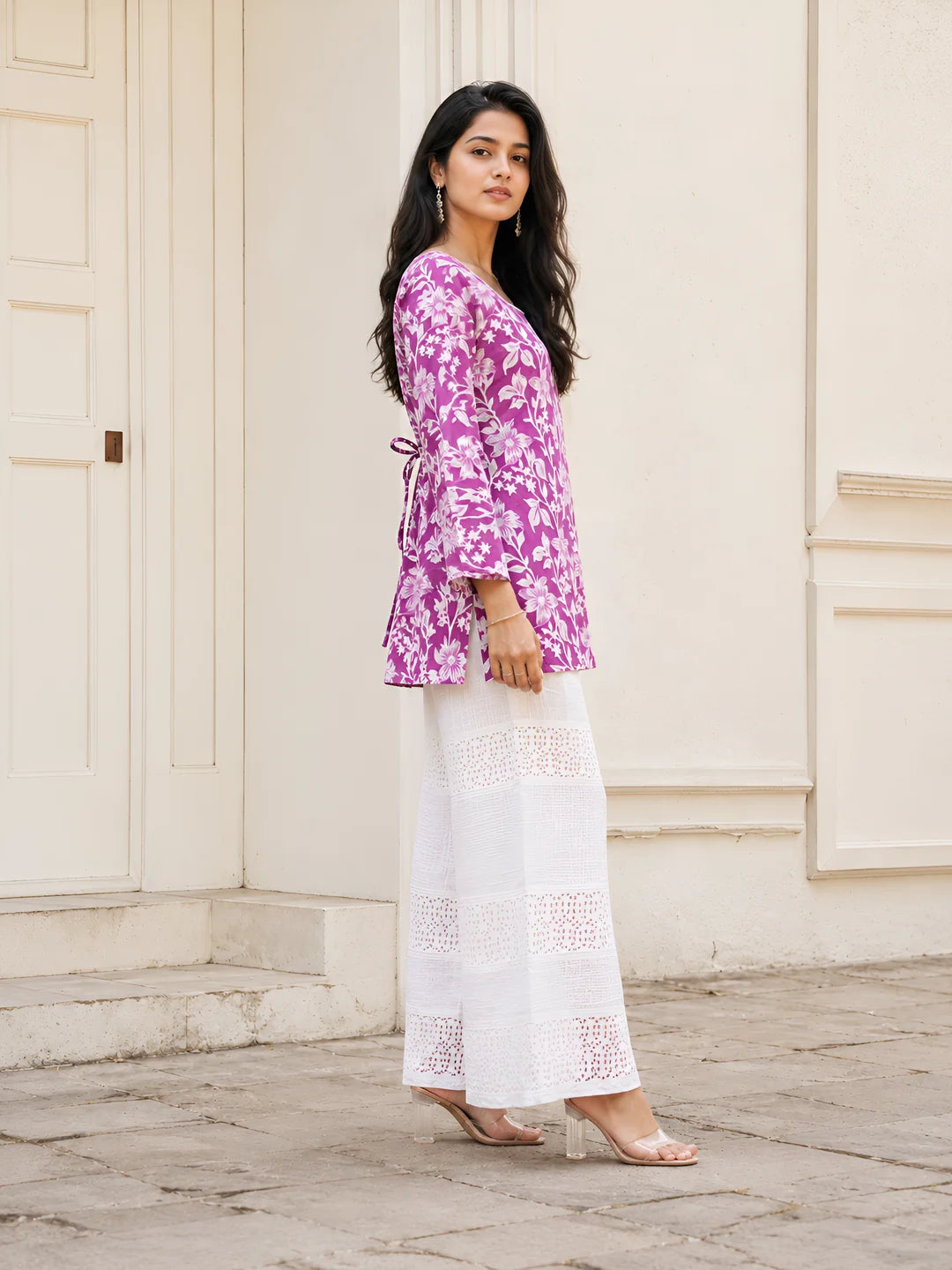 Violet Floral Jaal Short Kurti in Cotton
