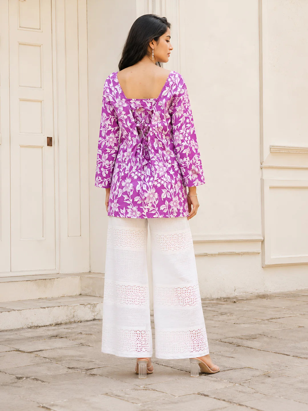 Violet Floral Jaal Short Kurti in Cotton