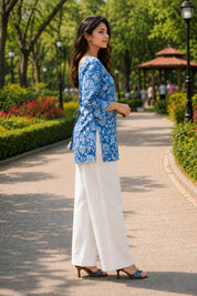 Cornflower Blue Floral Jaal Short Kurti in Cotton