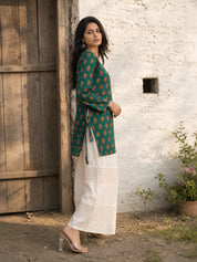 Green Floral Block Print Short Kurti with Criss-Cross Tie Sides in Cotton