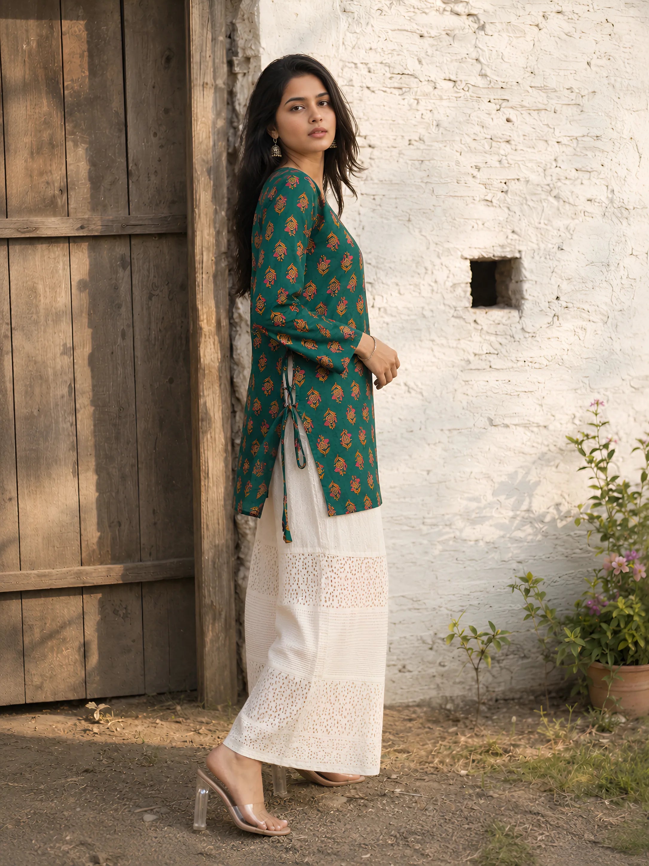 Green Floral Block Print Short Kurti with Criss-Cross Tie Sides in Cotton