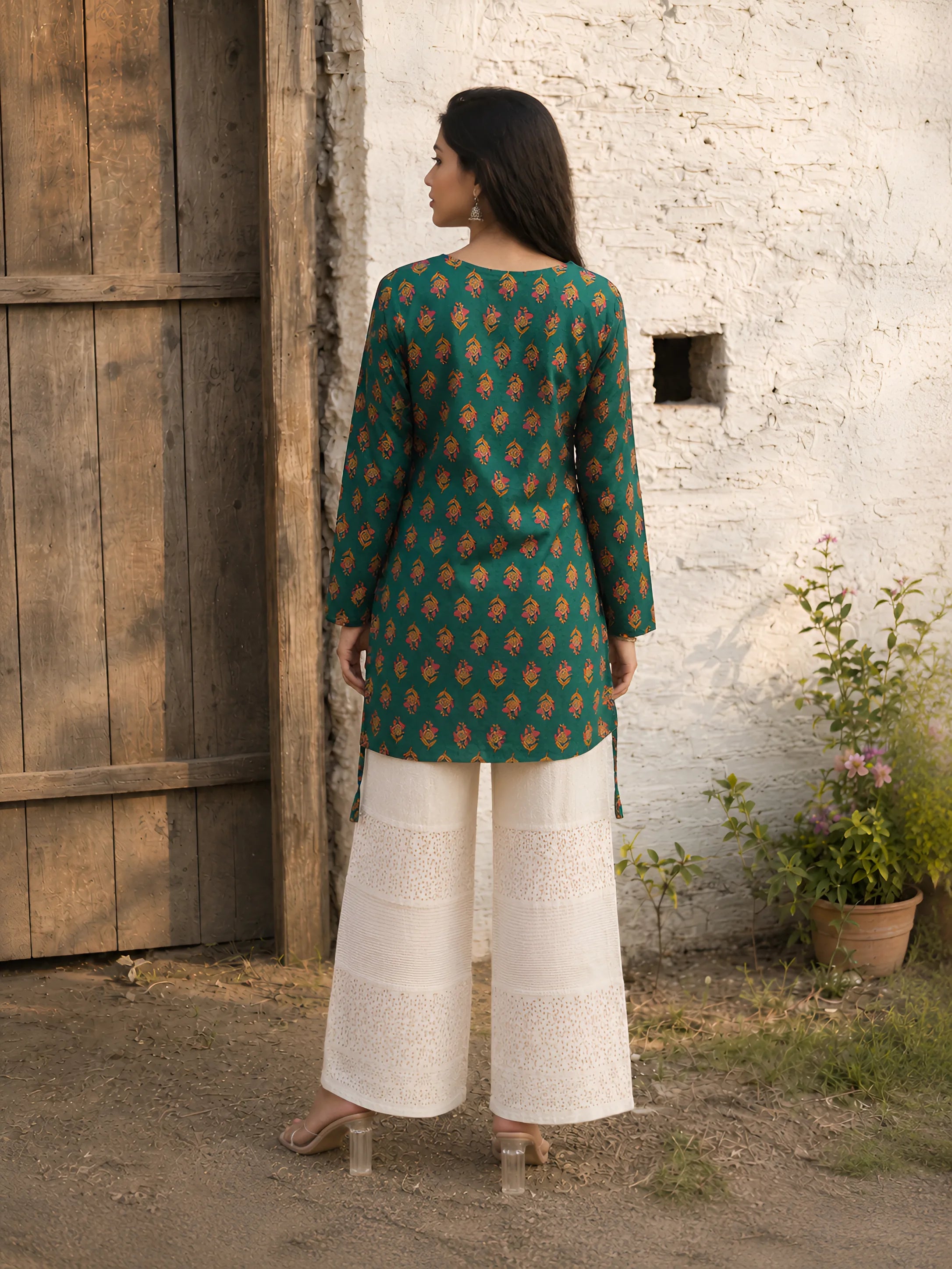 Green Floral Block Print Short Kurti with Criss-Cross Tie Sides in Cotton