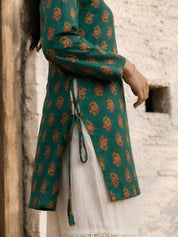 Green Floral Block Print Short Kurti with Criss-Cross Tie Sides in Cotton