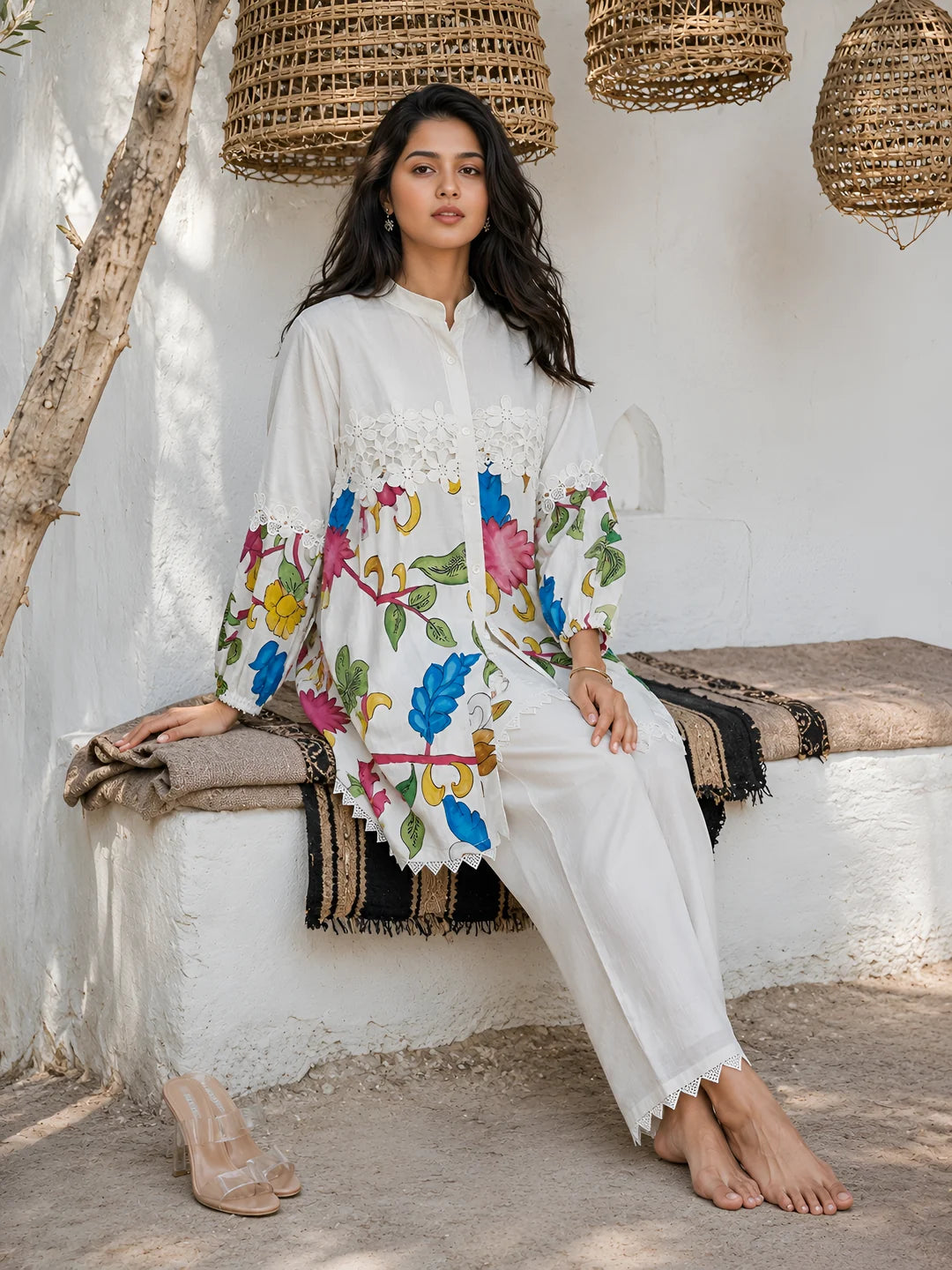 Cream Kalamkari Printed Muslin Co-ord Set