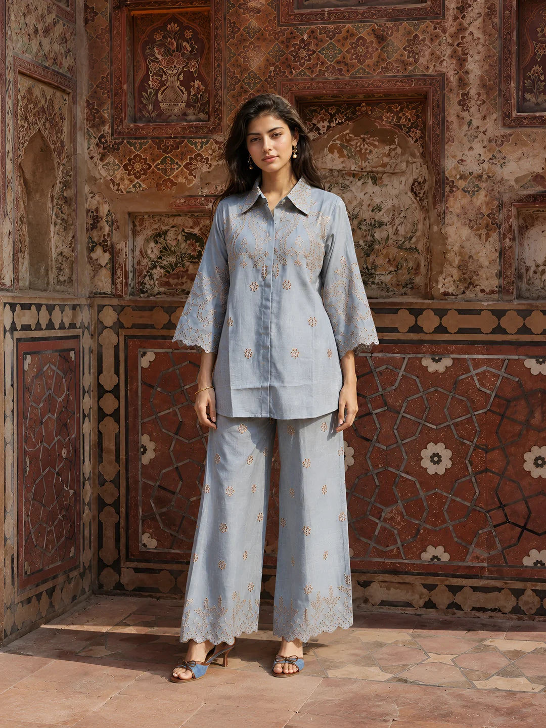 Dusty Blue Eyelet Embroidered Co-ord Set in Linen Denim