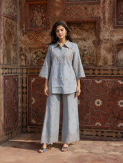 Dusty Blue Eyelet Embroidered Co-ord Set in Linen Denim