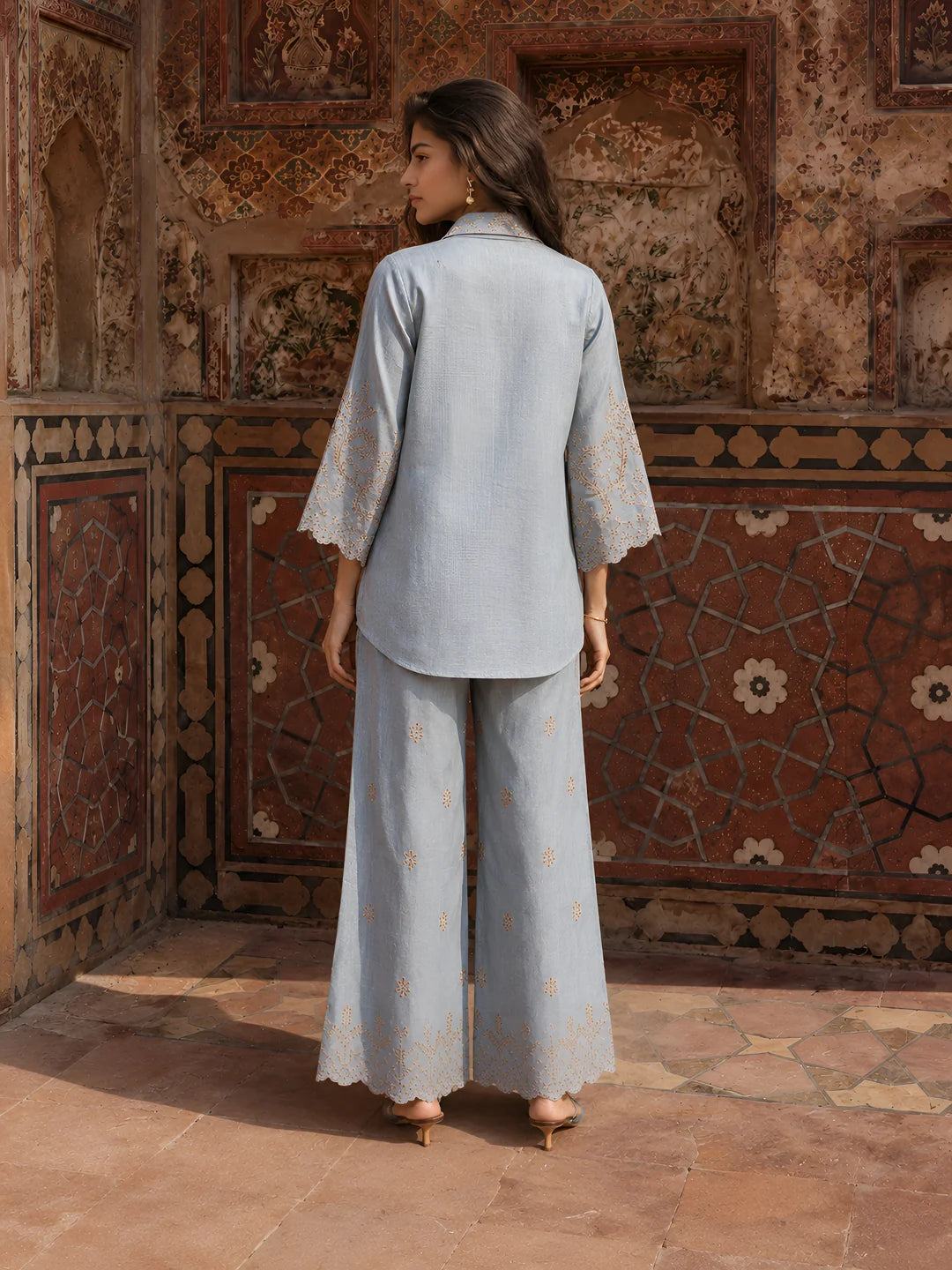 Dusty Blue Eyelet Embroidered Co-ord Set in Linen Denim