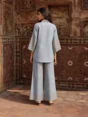 Dusty Blue Eyelet Embroidered Co-ord Set in Linen Denim