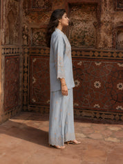 Dusty Blue Eyelet Embroidered Co-ord Set in Linen Denim