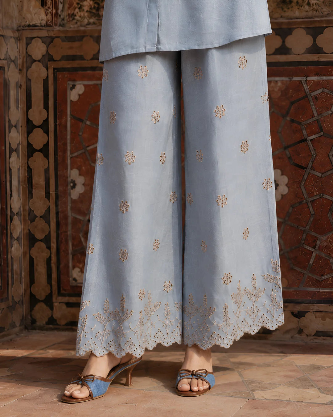 Dusty Blue Eyelet Embroidered Co-ord Set in Linen Denim