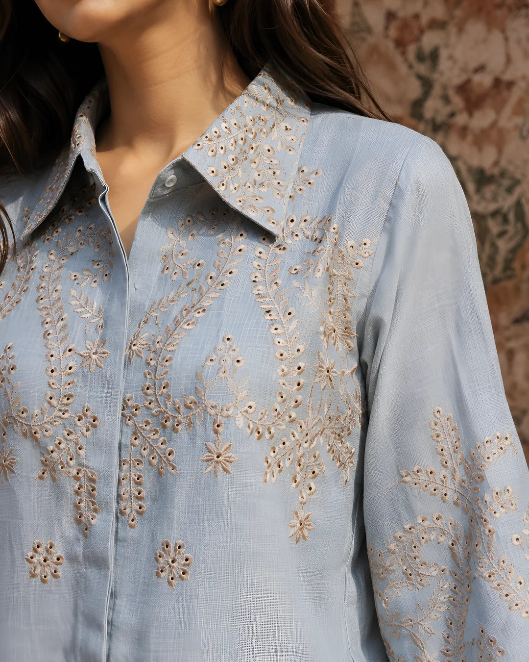 Dusty Blue Eyelet Embroidered Co-ord Set in Linen Denim